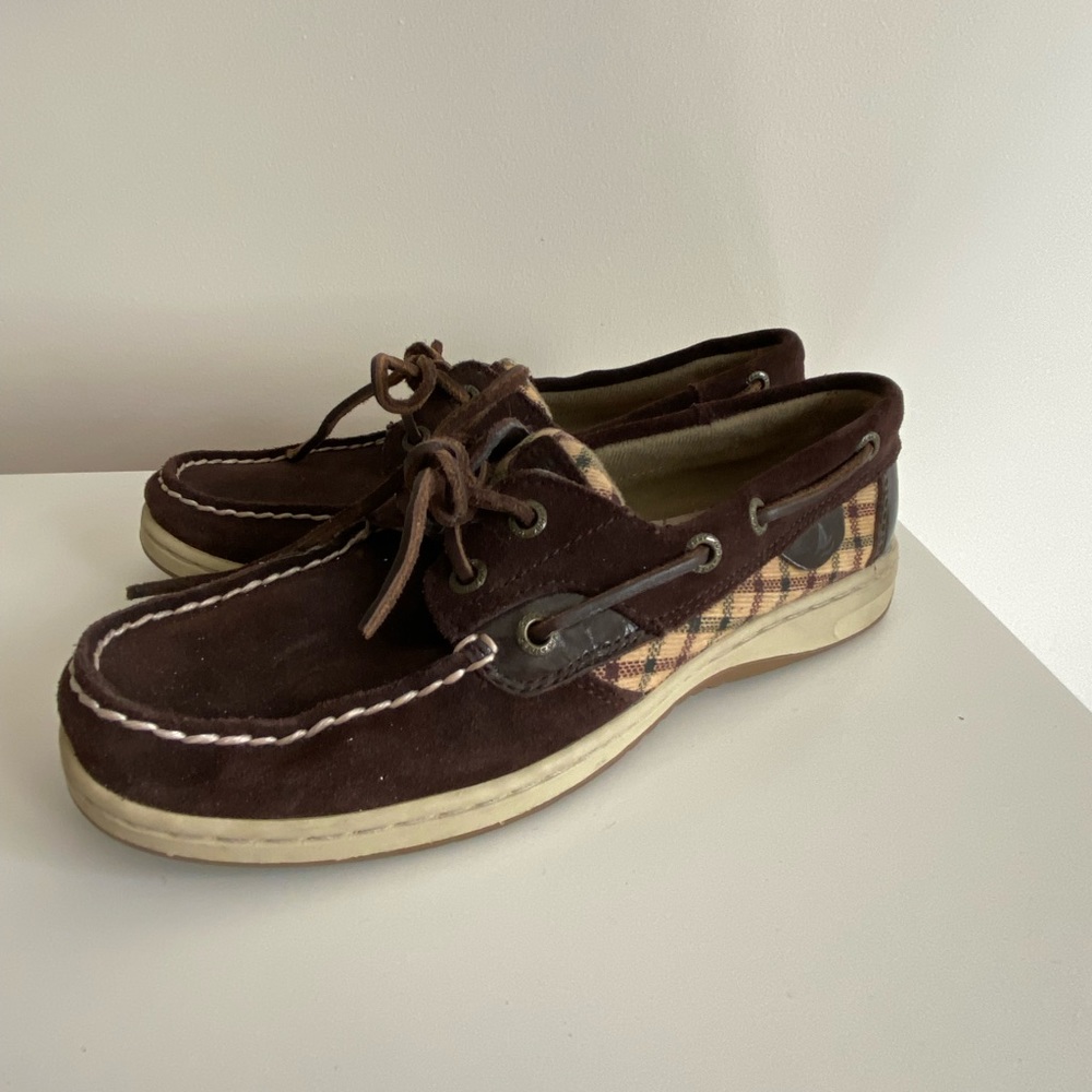 Sperry Topsider Bluefish Brown Suede and Plaid Boat Shoes Size 5.5